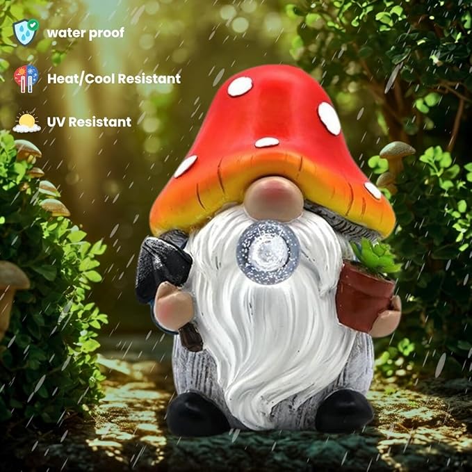 Solar Mushroom Gnomes Garden Statues Outdoor Decor with Night Glow,Cute Fairy Garden Statues for Yard,Pathway,Lawn Art Ornamen,Spring,Easter,Birthday Christmas Women Mom Gift Idea (Red)-Ruum Studio Home