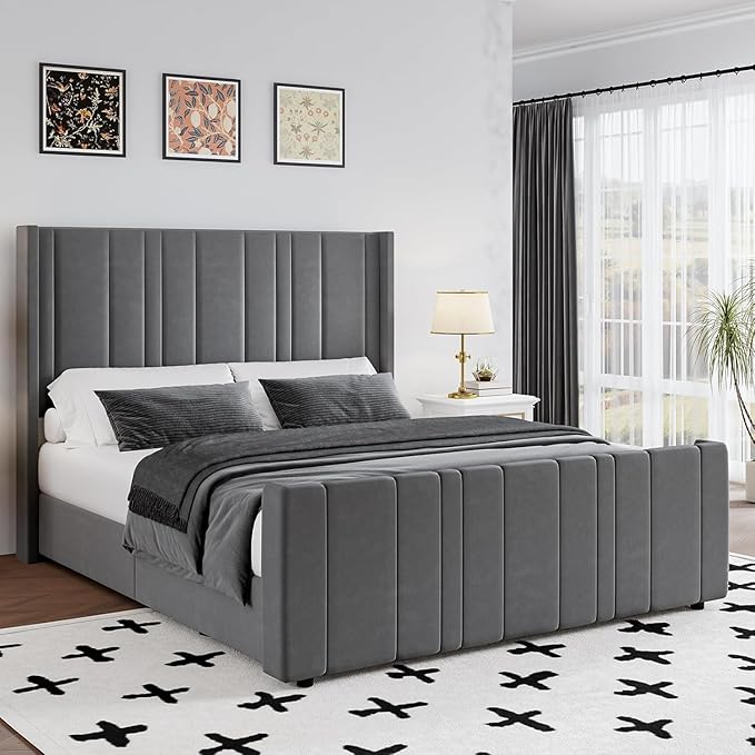 HOMBCK Full Bed Frame with Headboard, Upholstered Platform Bed Full Size with Velvet Headboard & Footboard/Vertical Channel Tufted/Wooden Slats/Noise Free/No Box Spring Needed/Easy Assembly, Grey-Ruum Studio Home