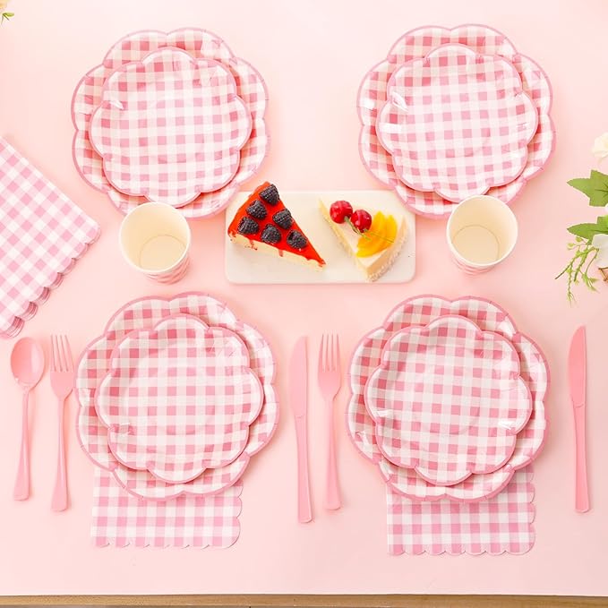 175 Pcs Pink Gingham Plates and Napkins Party Supplies - Pink and White Checkered Plates Sets Serve 25 Guests - Scalloped Gingham Paper Plate for Birthday Wedding Picnic Party Decorations-Ruum Studio Home