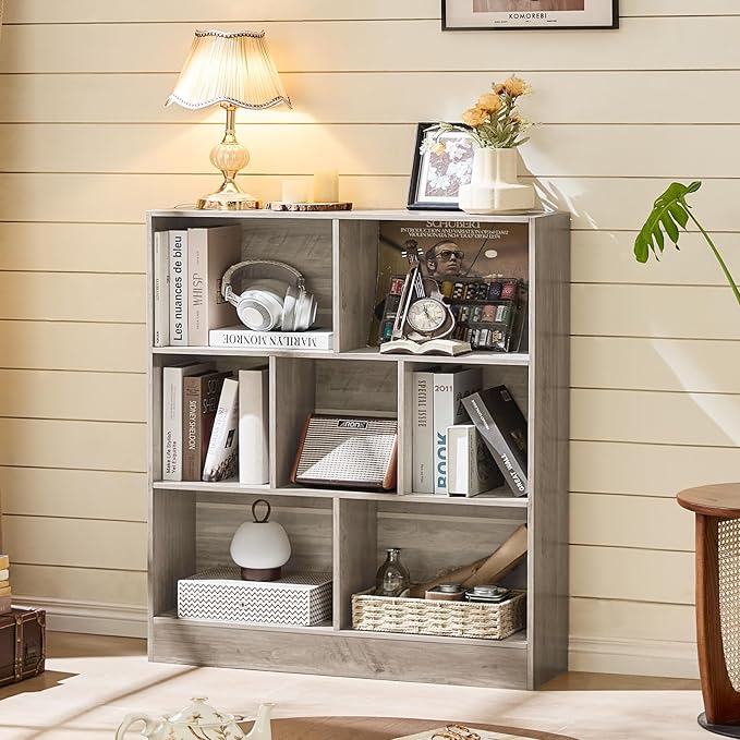 LEYAOYAO 7 Cube Bookshelf with Base,3 Tier Mid-Century Modern Grey Bookcase,Standing Wide Bookshelves Storage Organizer Shelf,Rustic Wood Display Cabinet Book Shelves for Bedroom,Living Room,Office-Ruum Studio Home