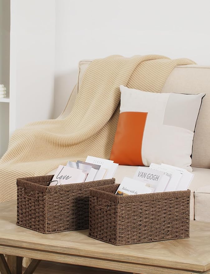 StorageWorks Round Paper Rope Storage Baskets, Rectangular Wicker Baskets with Built-in Handles, Medium, 2-Pack-Ruum Studio Home