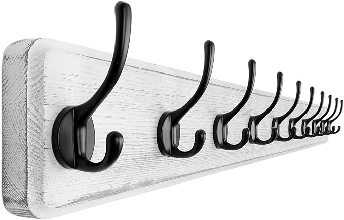 Dseap Coat Rack Wall Mount: 38-1/4" Long, Patented, Heavy-Duty, 10-Double-Hooks Wooden Hanger Rail for Winter Coats Hat Jacket Clothing, White & Black-Ruum Studio Home