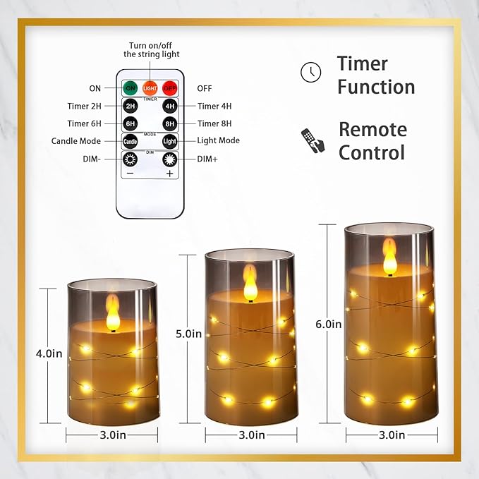 NURADA Flickering Flameless Candles: Built-in Star String Lights Unbreakable 3D Wick Acrylic Battery Operated LED Pillar Candles with Remote and Timer for Romantic Mood Home Decoration - 3 Pack Gray-Ruum Studio Home