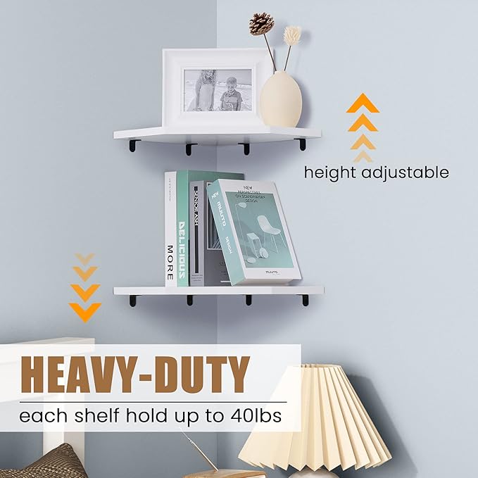 Corner Shelf Wall Mount, Floating Corner Shelves, Set of 2 Corner Wall Shelf Organizer, Rustic Wood Wall Storage Display Shelves for Living Room Bedroom Bathroom Kitchen, Rustic White-Ruum Studio Home