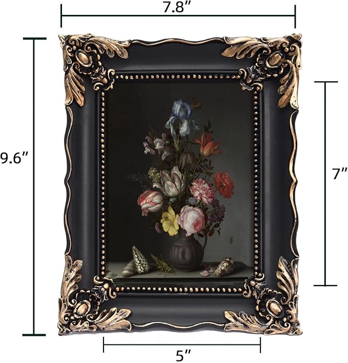 5x7 Vintage Picture Frame with Embossed Flower Design, Black Ornate Frame for 5x7 Pictures, Hand-Crafted Resin Antique Frames for Tabletop & Wall Hanging, Home Decor (Black)-Ruum Studio Home