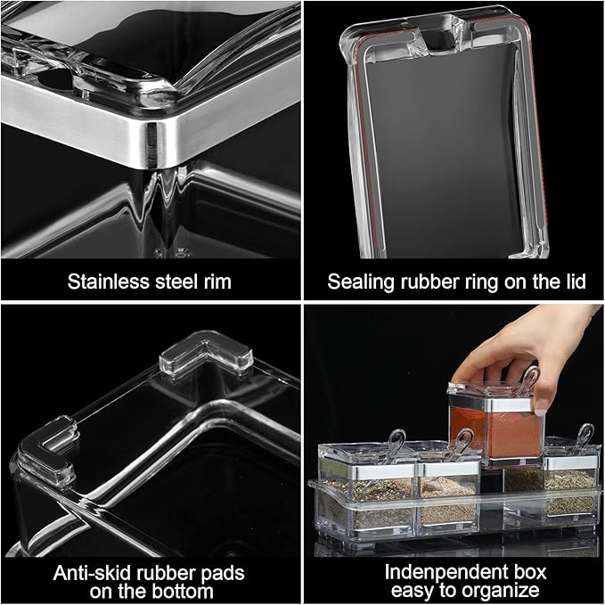 2 Set Acrylic Seasoning Organizer Box 8 Pcs Clear Seasoning Rack Spice Pots Condiments Containers with Lids and Spoons Storage Container Spice Jar for Salt Sugar Cruet Kitchen Cooking Organizer-Ruum Studio Home