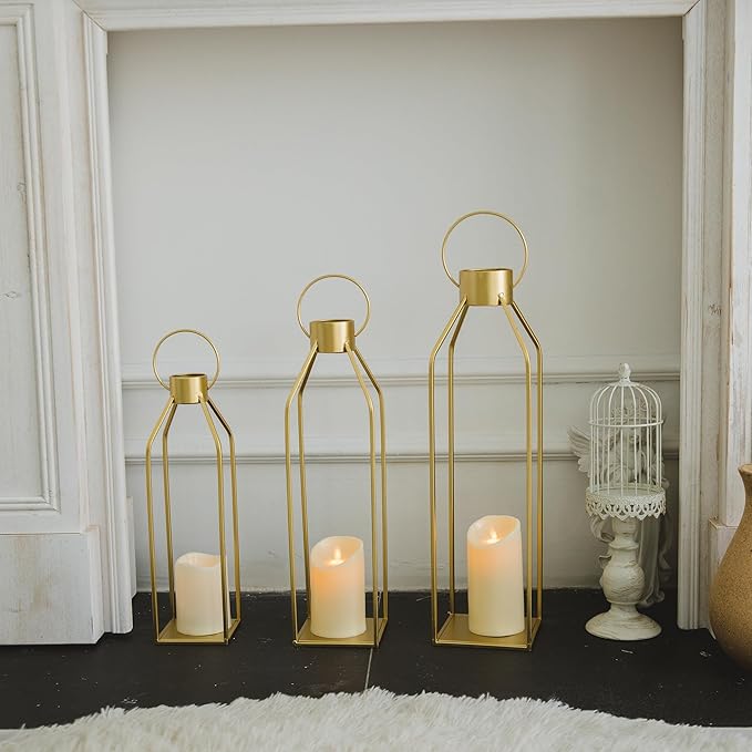 HPC DECOR Modern Farmhouse Lantern Decor- 22''19''16''Tall Large Gold Metal Candle Lanterns for Home Decor-Lanterns Decorative w/Timer Flickering Candles for Living Room,Outdoor,Fireplace Mantle Decor-Ruum Studio Home