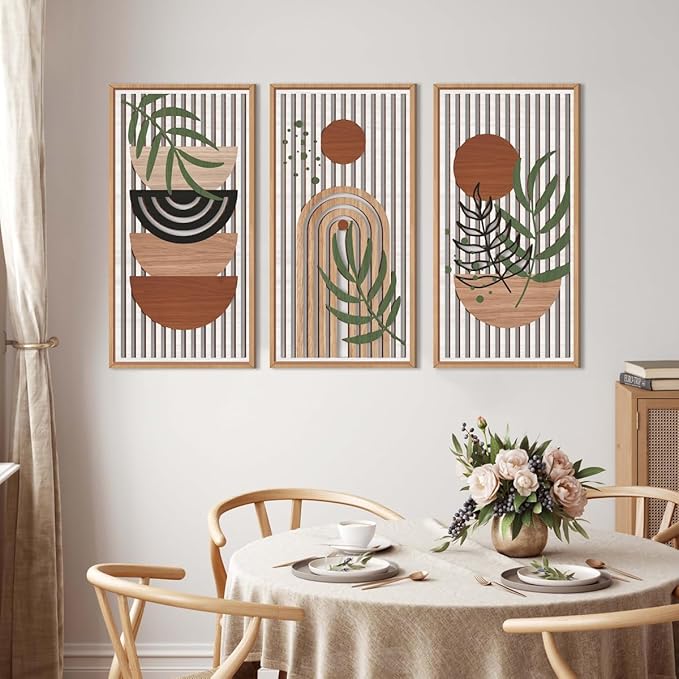 IARTTOP Large Boho Wood Wall Art Framed 16x32 Inch Mid century Modern Wooden Wall Decor Abstract Bohemian Minimalist Art Decor for Bedroom Living Room Office Set of 3-Ruum Studio Home