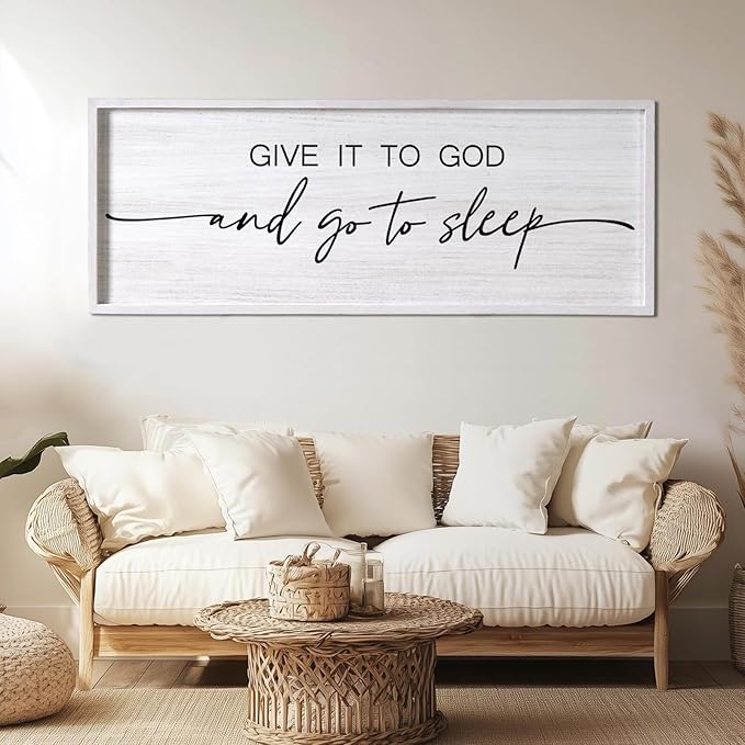 Give It to God and Go to Sleep Decorative Rustic Sign & Plaque Framed Wall Art for Couples, 40''×15'' Vintage Farmhouse Wooden Horizontal Wall Decor Above Bed, Cottagecore Wedding Gift for Bedroom-Ruum Studio Home