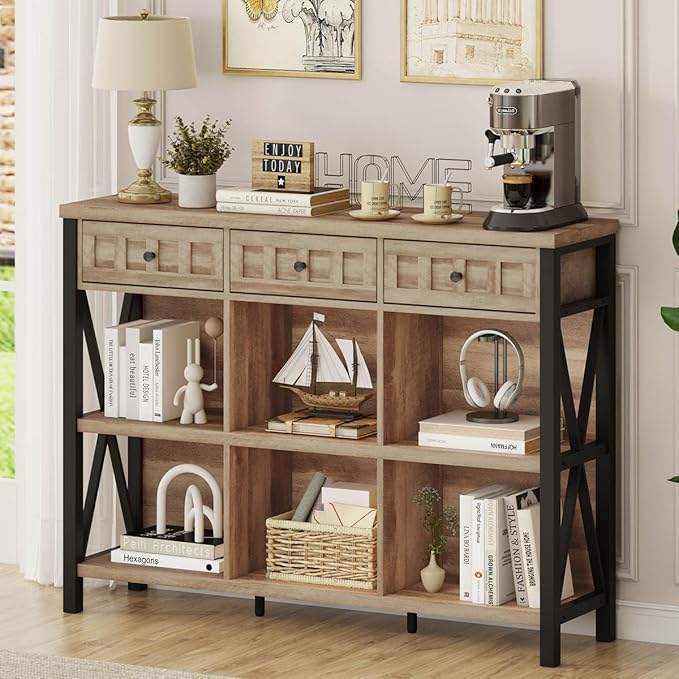 FATORRI Rustic 6 Cube Storage Organizer Shelf with 3 Drawers, Long Horizontal Bookshelf, Industrial Wood and Metal Cubby Bookcase for Living Room (Rustic Oak, 47 Inch)-Ruum Studio Home