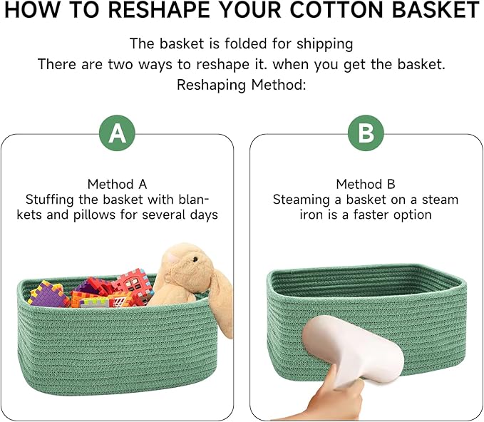 Small Storage Baskets for Organizing | Closet Organizer Bins | Shelf Toy Basket | Woven Rope Baskets | Cube Decorative Box | Shallow Basket | 13x8.5x5.1” | 3 Packs Green-Ruum Studio Home