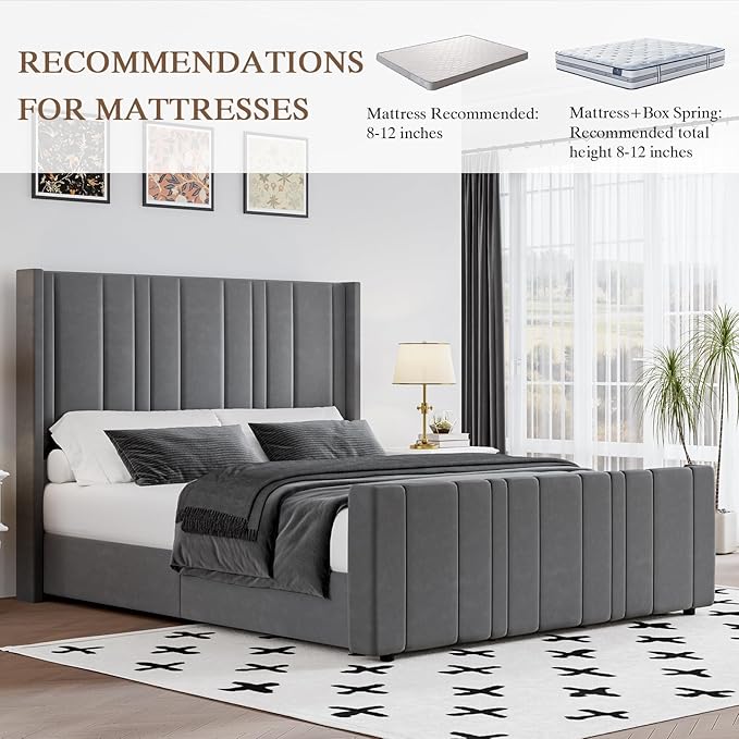 HOMBCK Queen Bed Frame Upholstered Bed with Velvet Headboard & Footboard, Vertical Channel Tufted Design/Wooden Slats/Noise Free/No Box Spring Needed/Easy Assembly, Grey-Ruum Studio Home