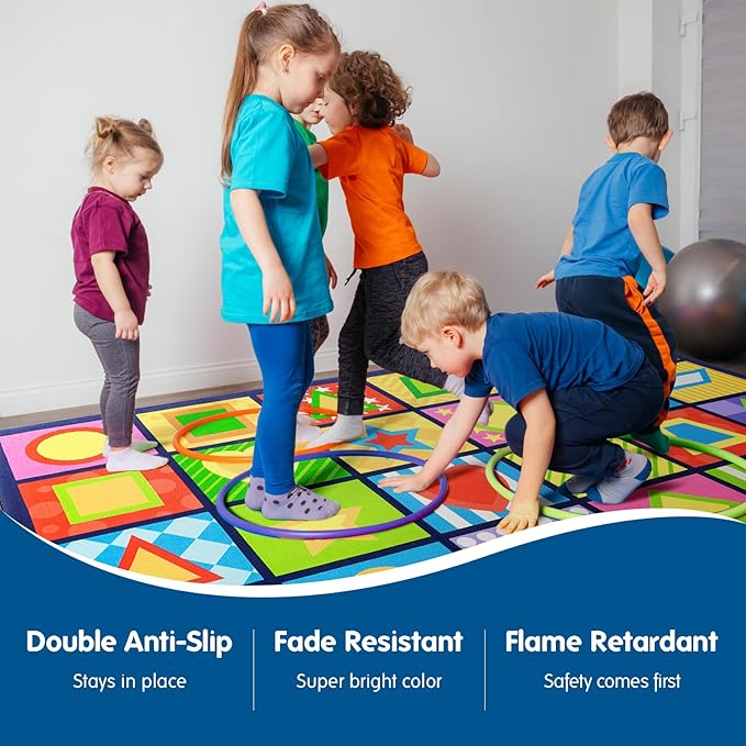 Booooom Jackson Seating Classroom Rug for Kids Room Seating Décor, 7'54''x13'12'' Vibrant Geometric Patterns Large Preschool Carpet Seating Rug for Teaching and Playroom, Non-Slip Rubber Backing-Ruum Studio Home