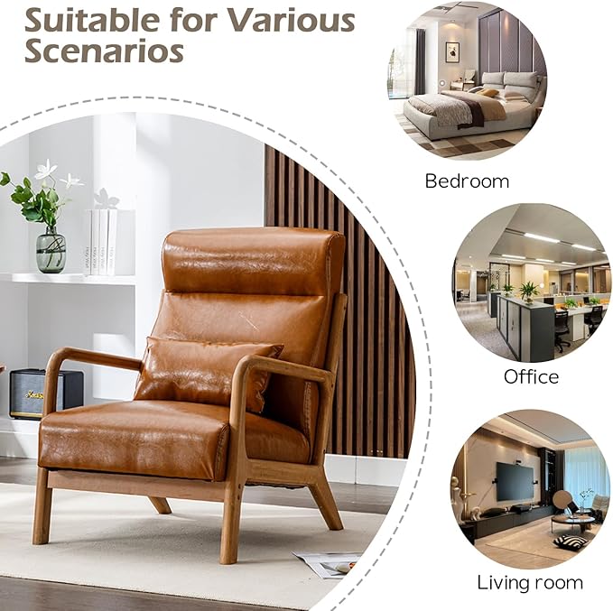 INZOY Mid Century Modern Accent Chair Set of 2, High Back Reading Armchair with Wood Frame, PU Leather Living Room Chairs with Waist Cushion, Single Lounge Arm Chair for Bedroom Sunroom, Camel-Ruum Studio Home
