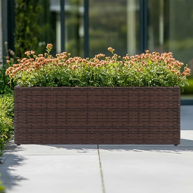 LEWIS&WAYNE Large Rectangular Block Planter Box Handmade Wicker Tall Planters for Outdoor Plants with Removable Liners Modern Planter for Indoor Outdoor Patio Deck - Brown, 30''x12''x16''-Ruum Studio Home