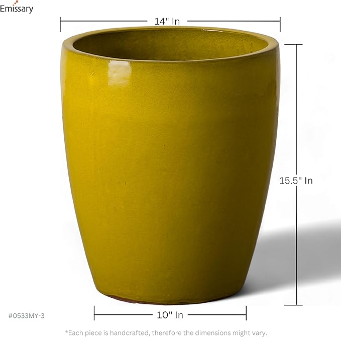 Emissary Bullet 14 in. Mustard Yellow Ceramic Round Planter (14 in. L x 14 in. W x 15.5 in. H) with Drainage Hole-Ruum Studio Home