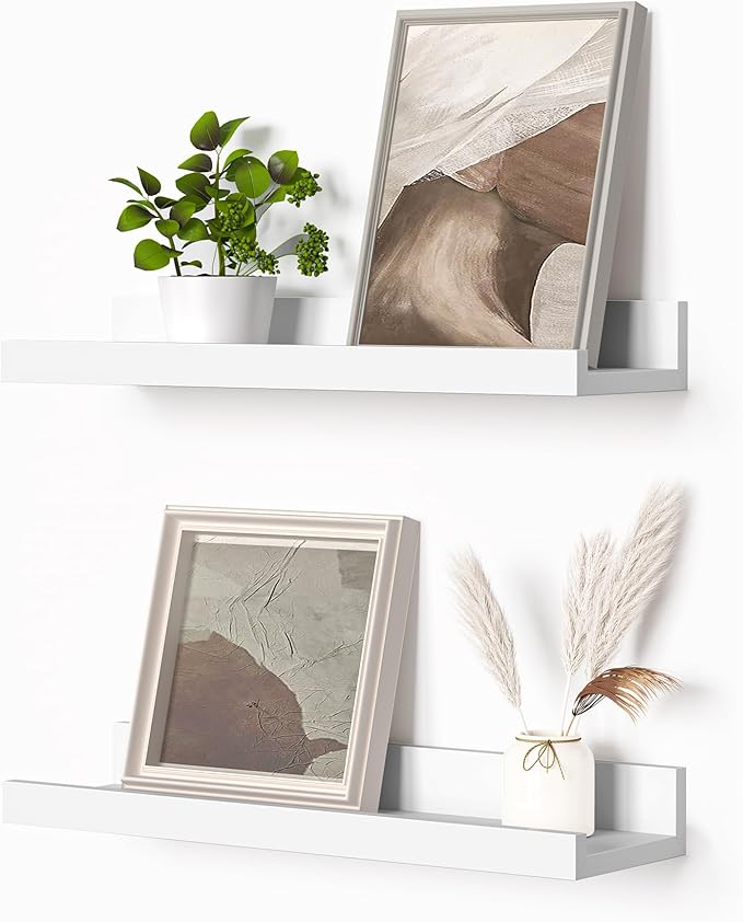 Heimlove Picture Ledge Shelf, Floating Shelves Set of 2, 16 Inches Picture Shelf for Wall with Ledge, Kids Bookshelf Wall Mounted for Living Room Bedroom Decor Books Photo Frames - White-Ruum Studio Home