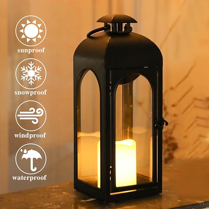 Bdor 2 Pack 16 Inches Metal and Tempered Glass Decorative Lantern with Electronic Wax Effect - Indoor/Outdoor Decorative Lighting, Handcrafted Aesthetic, Perfect for Home, Parties, and Holiday Decor-Ruum Studio Home