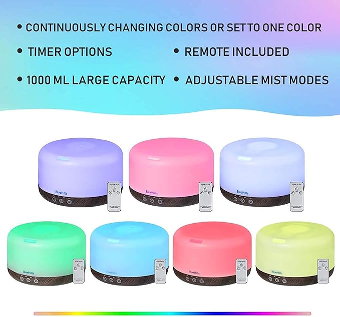 BlueHills Premium 1000 ML Large Essential Oil Diffuser Humidifier for Room Home Aromatherapy Big Capacity Oil Diffuser with Décor LED Lights Long Running Round Diffuser Dark Wood Grain – D002-Ruum Studio Home