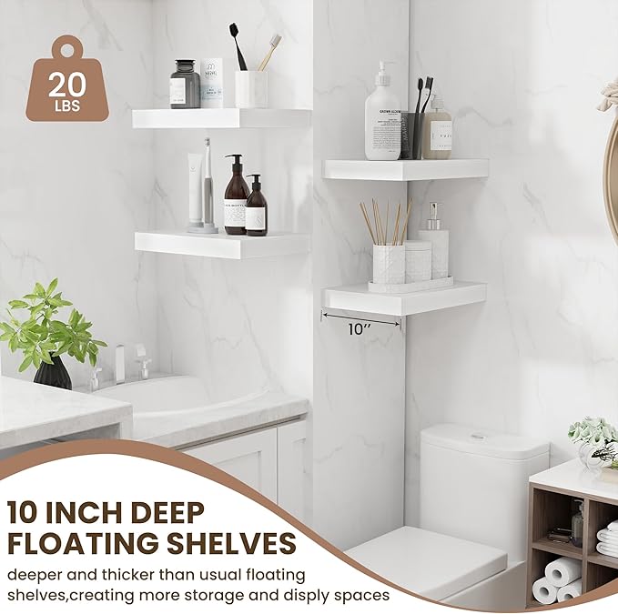 Fun Memories Wood Floating Shelves 16 Inch, 10 Inch Deep Shelves Wall Mount, Wall Shelves with Invisible Bracket, 16" Floating Shelves for Living Room Bathroom Bedroom, White, Set of 2-Ruum Studio Home