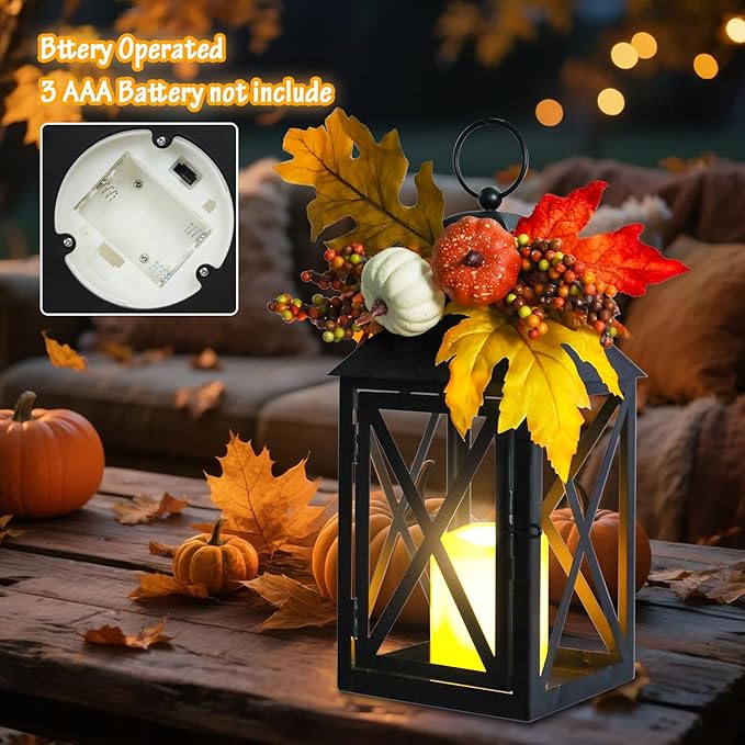 Fall Decor Lantern for Home, Large Decorative Lanterns Outdoor Waterproof 12" Battery Powered Decorative Lanterns Metal Hanging LED Candle Holder, Flameless Candle Lantern for Indoor 2 Packs-Ruum Studio Home