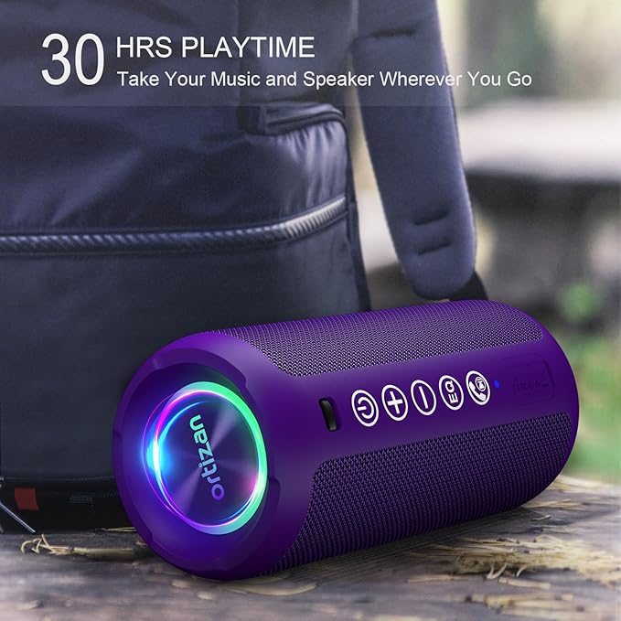 Ortizan Portable Bluetooth Speaker: IPX7 Waterproof, 24W Loud Sound, Deep Bass, Bluetooth 5.3, LED Lights, Wireless Stereo Pairing, 30H Playtime, for Home/Outdoor/Party/Beach, Birthday Gift (Purple)-Ruum Studio Home