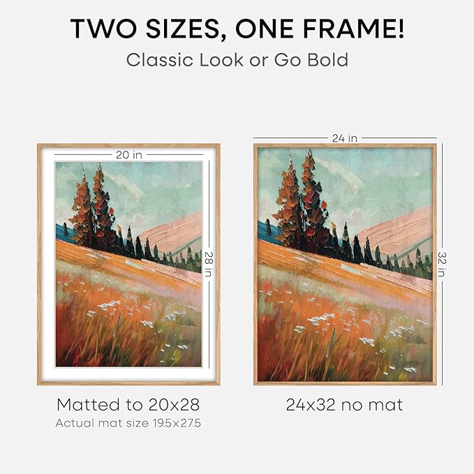 Homeforia 32x24 Poster Frame Wood, High End Natural Oak 24x32 Large Picture Frame with Mat 20x28, 24 x 32 Light Wooden Frame Matted to 20 by 28 Photo, 24by32 Frames, Tempered Glass, Wall Kit, Set of 1-Ruum Studio Home