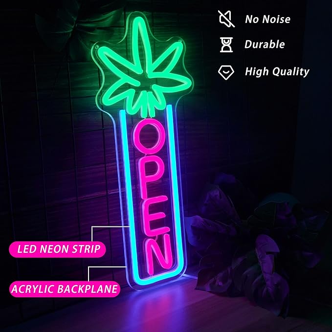 Green Leaf Neon Sign Dimmable Open Neon Lights for Wall Decor LED Neon Sign by USB Powered LED Neon Open Sign For Dispensary Beer Bar Man Cave Coffee Store Hotel Wall Party Decorations 16.8''x7''-Ruum Studio Home