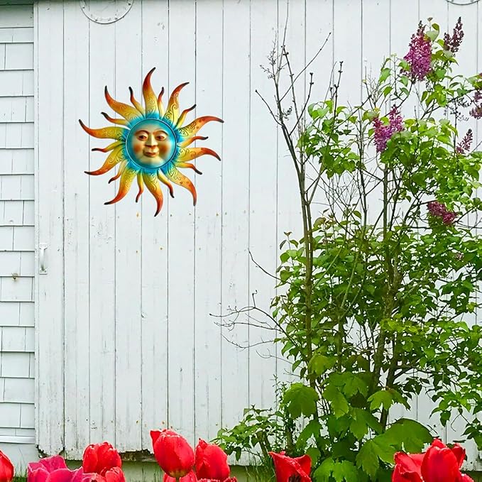 Metal Sun Wall Art Decor - 17.3 inches Outdoor Wall Decor,Sun Face Sculpture for Garden Farmhouse Yard Patio Fence Living Room Bedroom Gift Idea for Family Friends-Ruum Studio Home