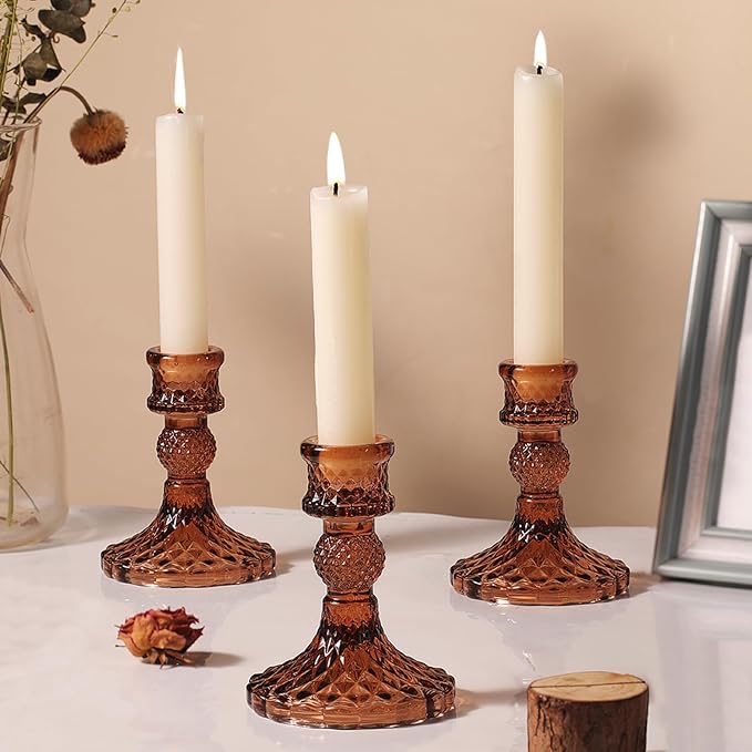 12Pcs Amber Candlestick Holders Set- 4" H Taper Candle Holders Bulk, Glass Candle Holders for Wedding, Party, Fall Dinner Table Centerpieces, Festival Gifts & Windowsill Decor-Ruum Studio Home