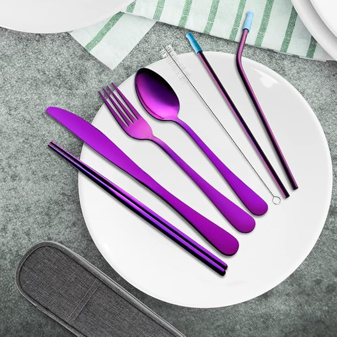 Travel Utensils Set with Case Reusable Portable Cutlery Set Stainless Steel 8pcs Including Dinner Knife Fork Spoon Chopsticks straws (Purple)-Ruum Studio Home