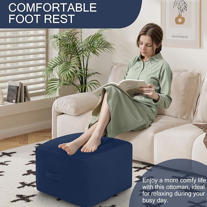 MeMoreCool Square Stuffed Pouf Ottoman Foot Rest, Floor Pouf Foot Stool with Foam Chunk Filling, Soft Stuffed Ottoman Footrest for Living Room, Navy-Ruum Studio Home