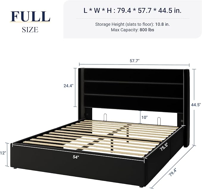 Allewie Full Size Velvet Lift Up Storage Bed, Modern Wingback Headboard, Hydraulic Support, No Box Spring Needed, Black-Ruum Studio Home