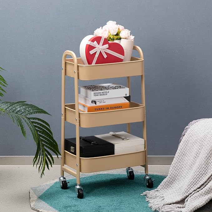 AGTEK Makeup Cart, Movable Rolling Organizer Cart, 3 Tier Metal Utility Cart with Lockable Wheels for Home & Office, Golden-Ruum Studio Home