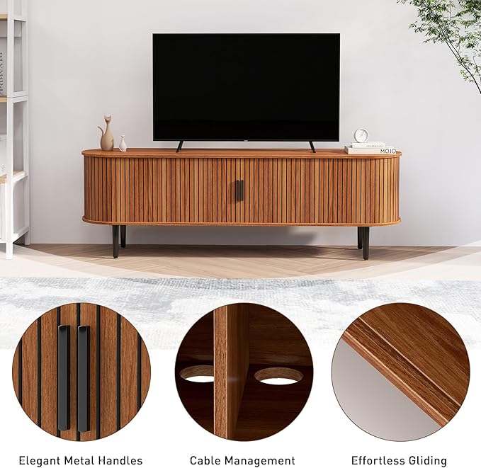 Bonzy Home 70" Mid Century Modern TV Stand, Tambour Entertainment Center with Storage, Long Media Console Television Stand with Metal Legs for up to 75'' TV, Walnut-Ruum Studio Home