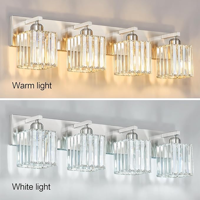 Modern Vanity Light 4-Lights Brushed Nickel Vanity Light Crystal Bathroom Wall Light Bathroom Light Fixtures-Ruum Studio Home