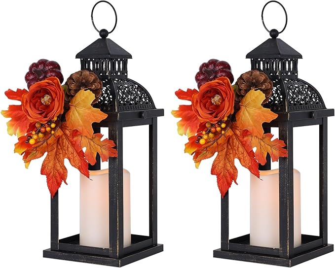 NEEDOMO Fall Decorations for Home, 2 Pcs 15'' Fall Lantern Indoor Outdoor Thanksgiving Decor, Vintage Metal Hanging Candle Holders with Fall Teardrop Wreath and LED Candle for Patio, Porch, Table-Ruum Studio Home