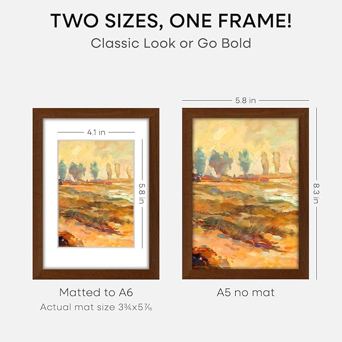 Homeforia A5 Picture Frame Brown, High-End Dark Oak 5.8x8.3 Wood Frame Matted to 4.1x5.8 inch Photo, A5 Size Walnut Wooden Frames with Mat A6 Print, 5.8 x 8.3 Frame, Tempered Glass, Wall Kit, Set of 1-Ruum Studio Home