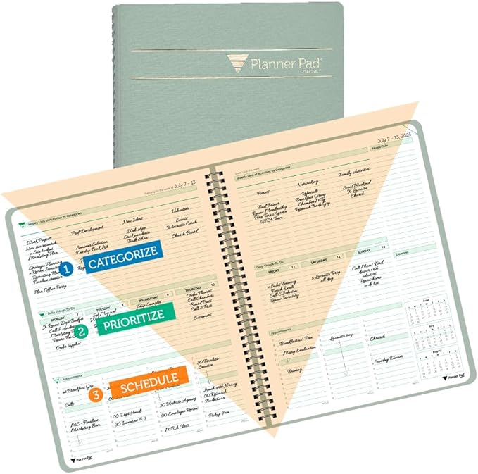 Planner Pad Spiral Bound 3-Tier Funnel Down 12 Month Organizer, July 2025 – June 2026 / Academic Year, Greenish Grey Cover/Soft Green Ink, 8 1/2" x 11"-Ruum Studio Home