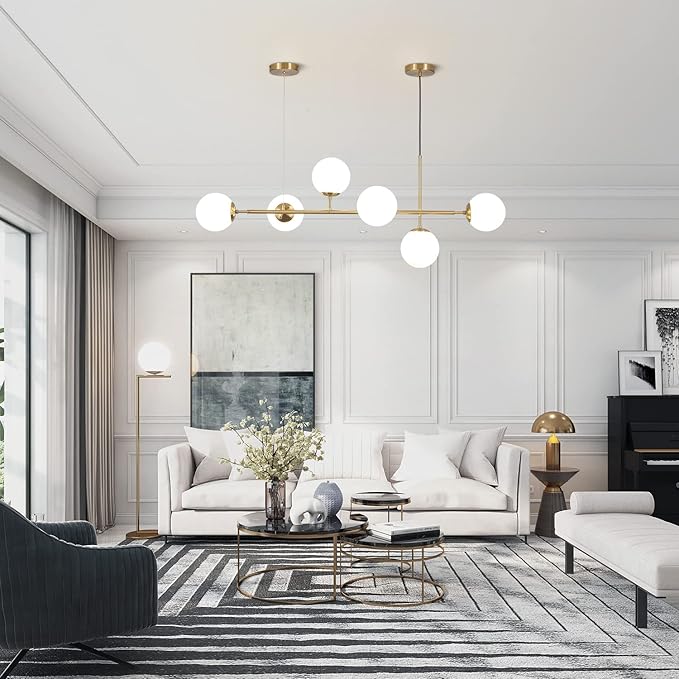 KCO Lighting Modern Globe Linear Chandelier 6 Light Milk Glass Chandeliers White and Gold Pendant Light Fixture Mid Century Rectangle Chandelier Brass Sputnik Island Lights for Kitchen-Ruum Studio Home