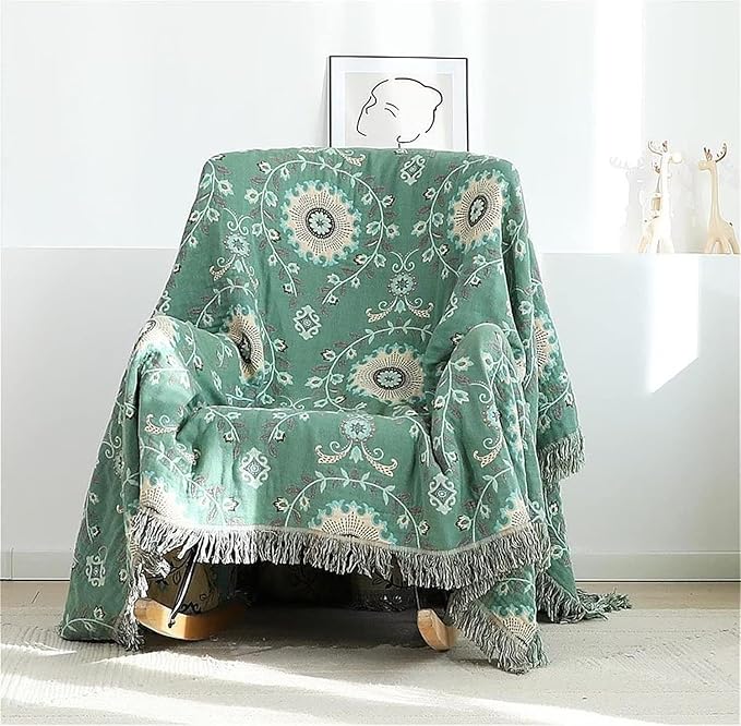 MSGKV Boho Throw Blanket for Couch Bed 100% Cotton Blankets Woven Green Blanket,Versatile Double Sided, Super Soft Warm Blanket 60''x 80''-Ruum Studio Home