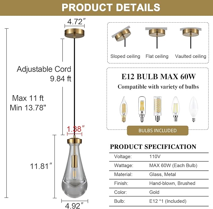 Raindrop Pendant Light Fixtures Set of 3, Brass Glass Pendant Lighting, Teardrops Modern Hanging Light for Entryway Foyer Kitchen Island Dining Living Room Hallway-Ruum Studio Home