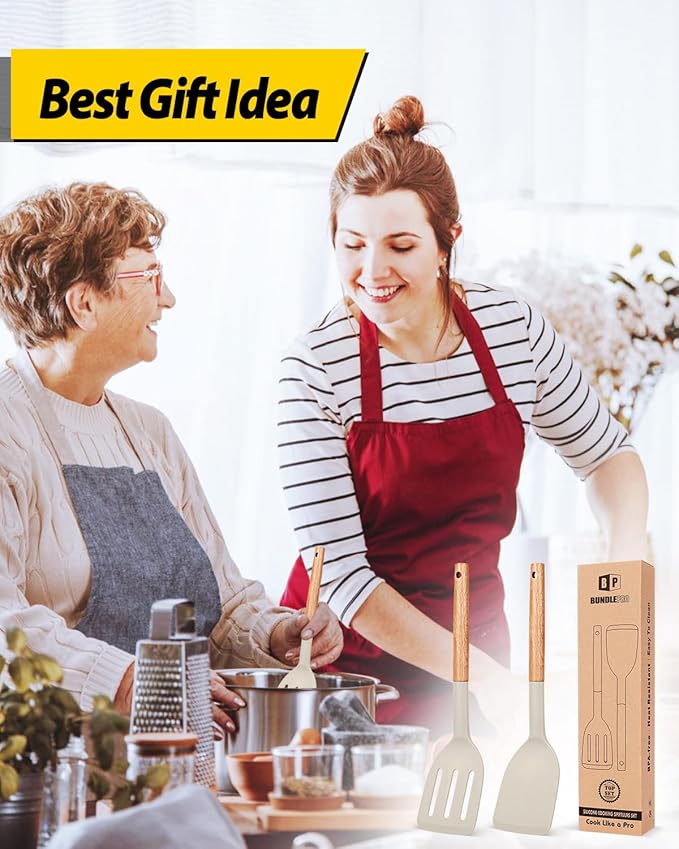Pack of 2 Silicone Cooking Spatula, Heat Resistant Solid Turner, Non Stick Slotted Spatulas with Wooden Short Handle,Ideal Wood Kitchen Utensils Set for Frying, Baking, Flipping, Turning-Ruum Studio Home