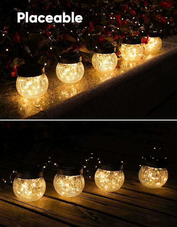 PARTPHONER Solar Lanterns Solar Lights Outdoor Waterproof 6-Pack, Solar Powered Hanging Lights Cracked Glass Hanging Globes for Christmas Decoration, Shepherd Hook, Garden Tree Ornaments-Ruum Studio Home