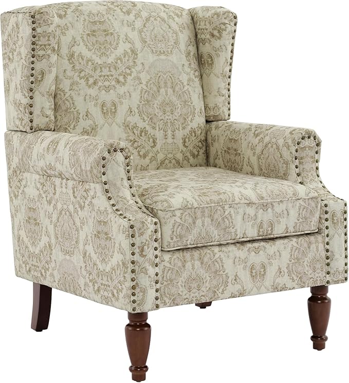 UIXE High Back Floral Accent Chair, Upholstered Armchair in Fabric for Living Room, Retro Wingback Arm Chair Comfy Single Sofa Bedroom Reading Seat with Solid Wood Legs, White-Ruum Studio Home