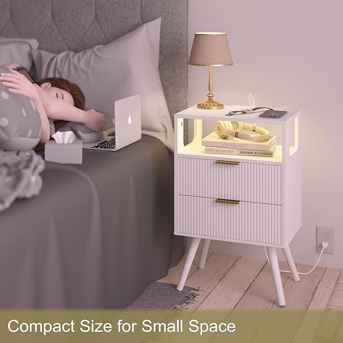 White Nightstand with Charging Station and LED Lights,Modern Bedside Table with 2 Storage Drawer and Open Wood Shelf, for Bedroom and Small Spaces,Night Stand with Solid Wood Legs,White-Ruum Studio Home