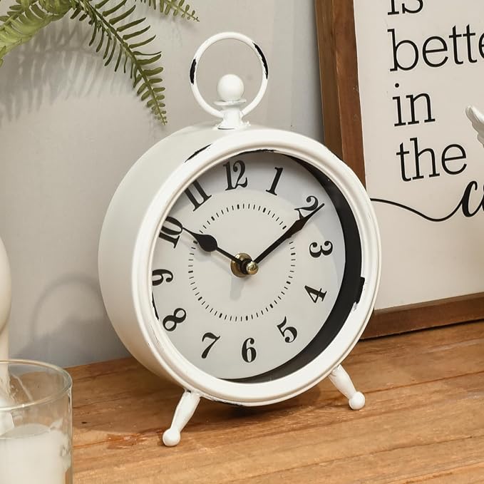 Small white table clock Vintage Rustic White Table Clock on Stand, Decorative Desk and Shelf Clock Farmhouse Mantel Clock Rustic Non-Ticking Clock-Ruum Studio Home