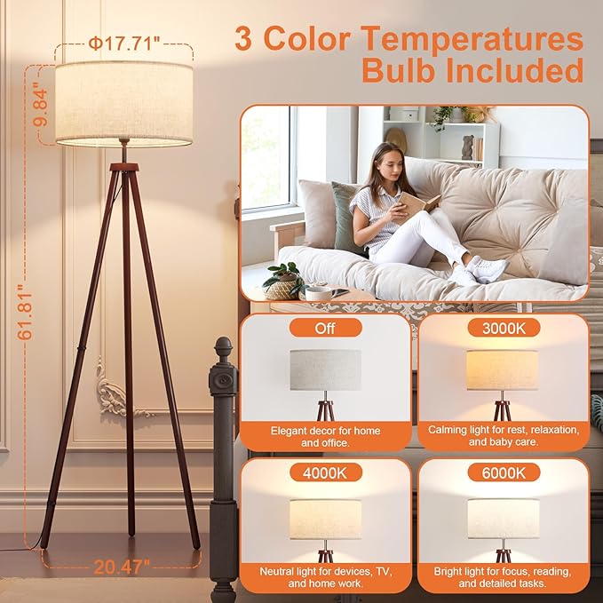 LiteHistory Wood Tripod Floor Lamps for Bedroom, Living Room, and Office, Corner lamp with Beige Linen Shade, 12W Three-Color Bulb Included, Pull Chain Switch, Gifts for mom for Home Decor, Walnut-Ruum Studio Home