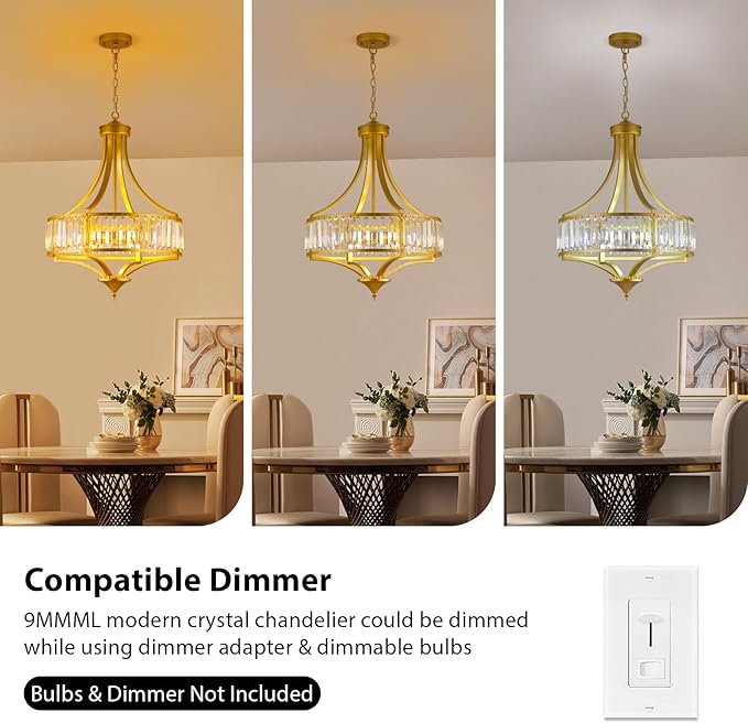 Modern Gold Crystal Chandelier, 20 Inch Large Ceiling Pendant Light Fixture with 50'' Adjustable Hanging Chain, 5-Light Farmhouse Chandelier for Dining Room, Living Room, Bedroom, Entryway-Ruum Studio Home
