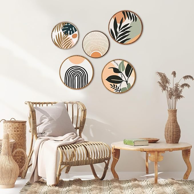 Qunclay 5 Pcs Wall Art Decor Wooden Living Room Wall Decor Bohemian Hanging Farmhouse Geometric 10'' and 8'' Aesthetic Wood Minimalist Posters for Bedroom(Boho, Leaf)-Ruum Studio Home